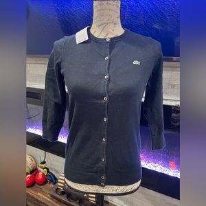 Lacoste Women's Black Button-Up Knit Cardigan with Green Crocodile